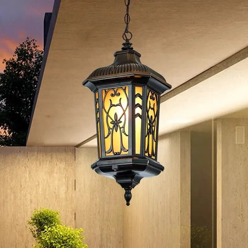 Nuno Hexagonal Lantern Outdoor Pendant Light Yellow Glass | Celestre