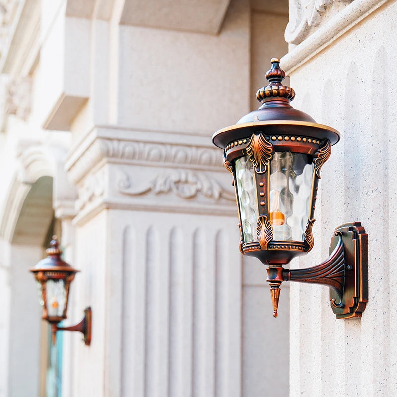 Jira Lantern Scrollwork Outdoor Wall Light Red Gold | Celestre