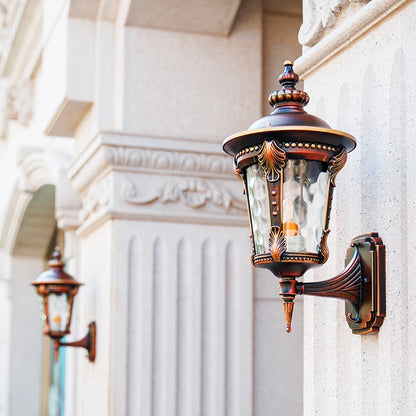 Jira Lantern Scrollwork Outdoor Wall Light Red Gold | Celestre