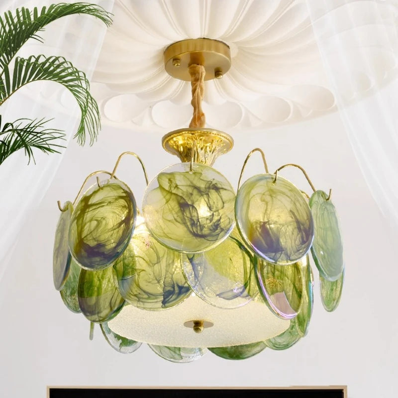 Elsa Murano Glass Disc Chandelier Hanging Chain Green | Celestre