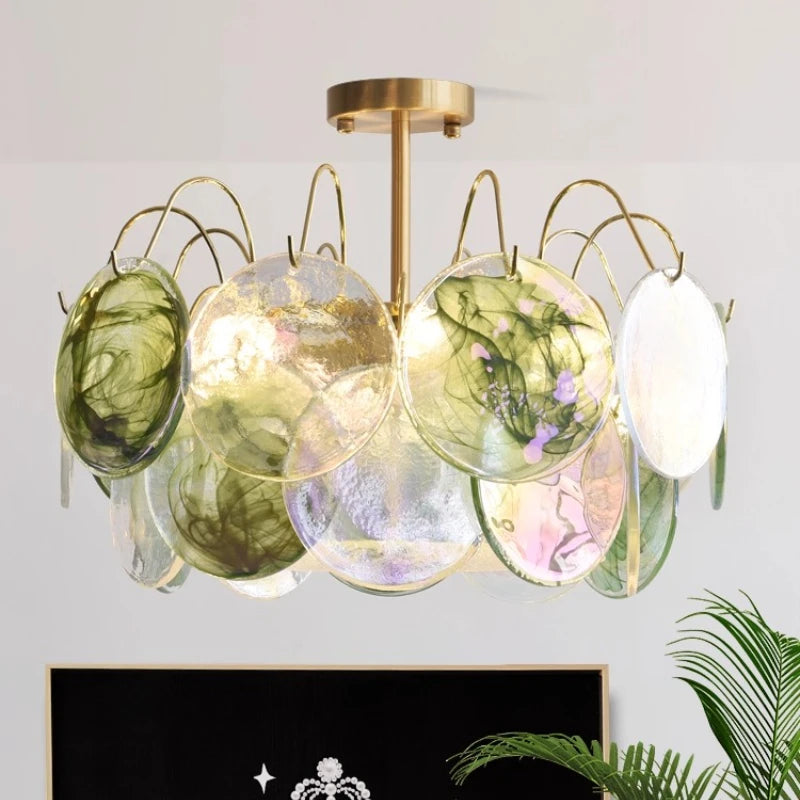 Elsa Murano Glass Disc Chandelier Hanging Rod Green | Celestre