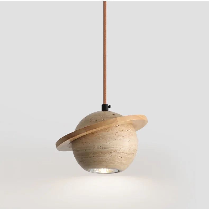 Brevi Saturn Travertine Pendant Light Log Wood | Celestre