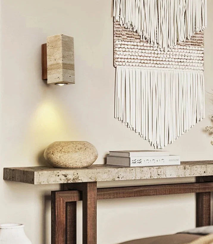 Sirva Yellow Travertine Wall Light Walnut Square | Celestre