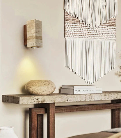 Sirva Yellow Travertine Wall Light Walnut Square | Celestre