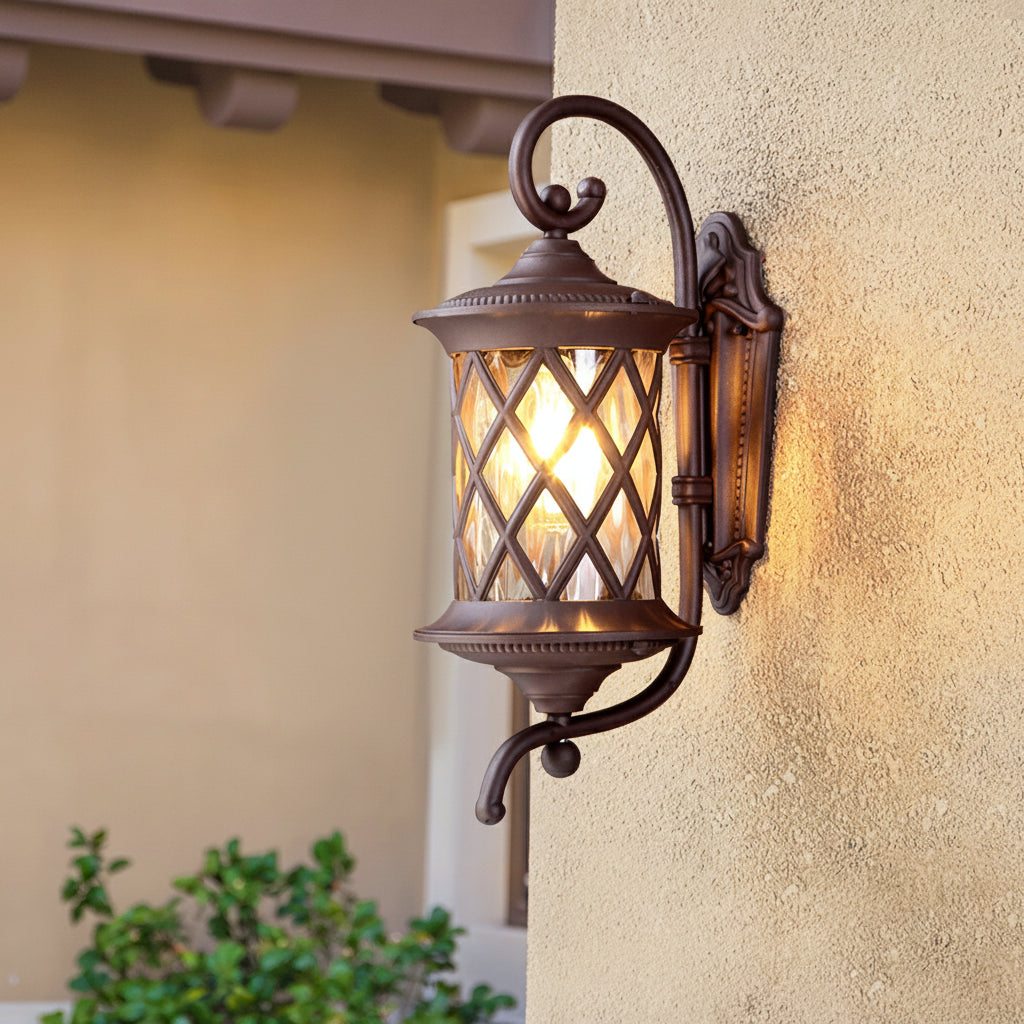 Hila Scroll Arm Lattice Outdoor Wall Light Coffee | Celestre