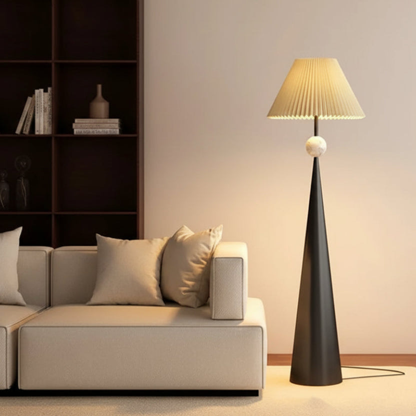 Dixo Japandi Tapered Floor Lamp Black Folds White Globe | Celestre