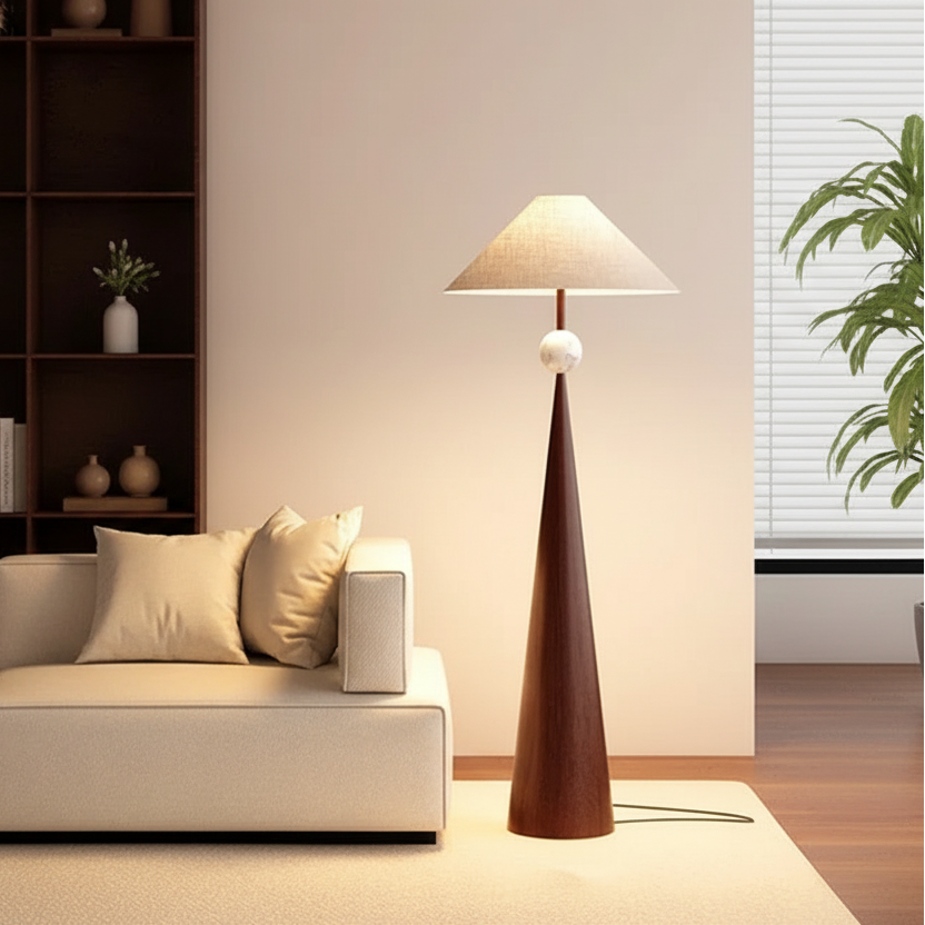 Dixo Japandi Tapered Floor Lamp Brown Flax White Globe | Celestre