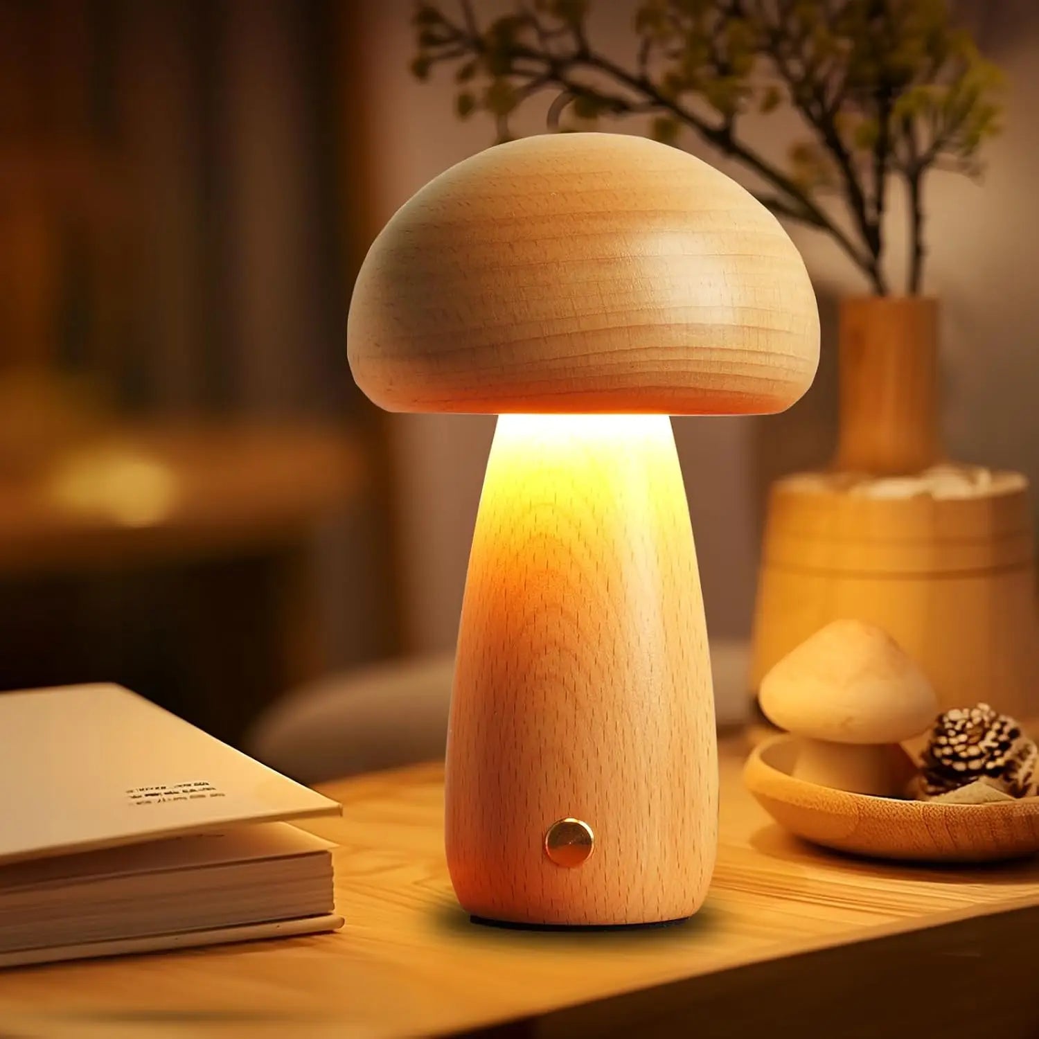 Iric Wooden Mushroom Table Lamp Log Wood D 10 cm x H 16.5 cm | Celestre