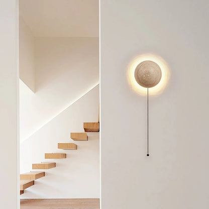 Reza Travertine Round Wall Light With Pull Switch | Celestre