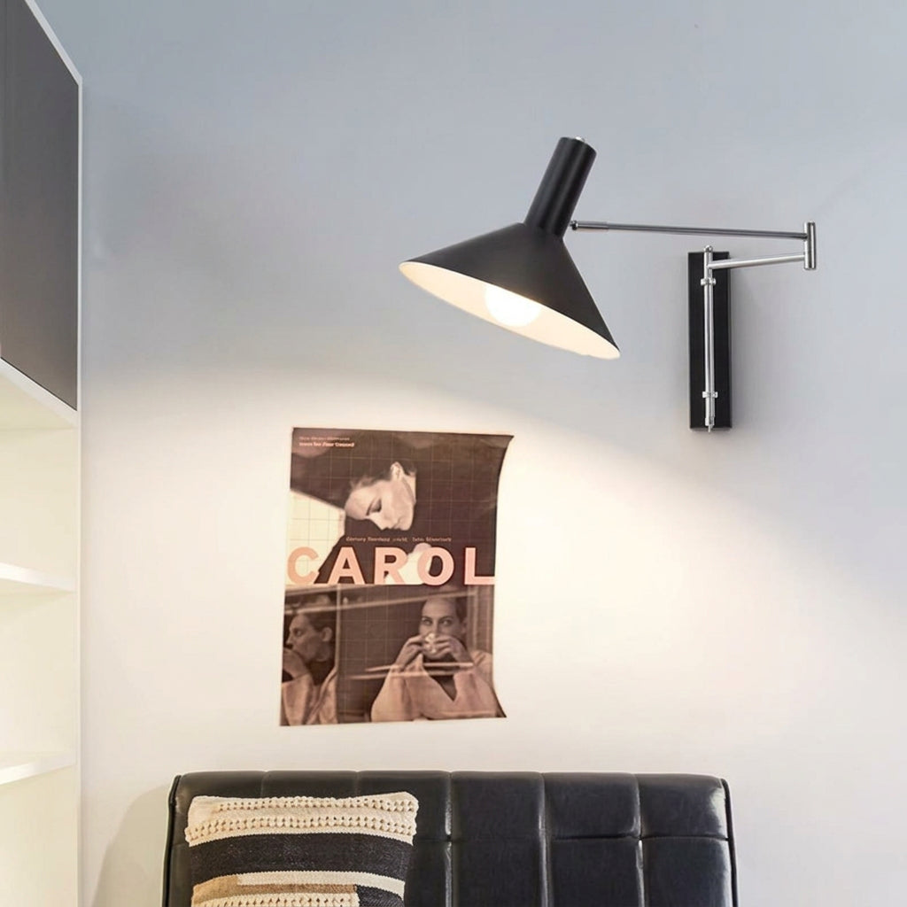 Dalvi Mid Century Walnut Effect Swing Arm Wall Light Black | Celestre