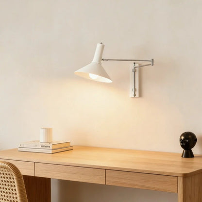 Dalvi Mid Century Walnut Effect Swing Arm Wall Light White | Celestre